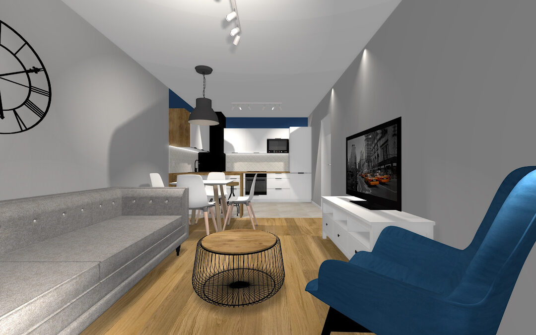 Wykończenie mieszkania o powierzchni 48 m2 – kolory biel i niebieski