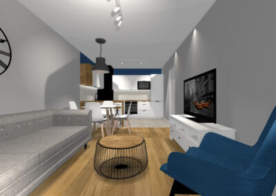 Wykończenie mieszkania o powierzchni 48 m2 – kolory biel i niebieski